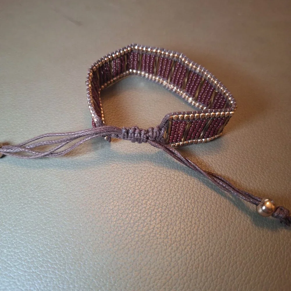 Handcrafted Brown Beaded Bracelet With Gold & Bronze Accents Adjustable Strap Ha